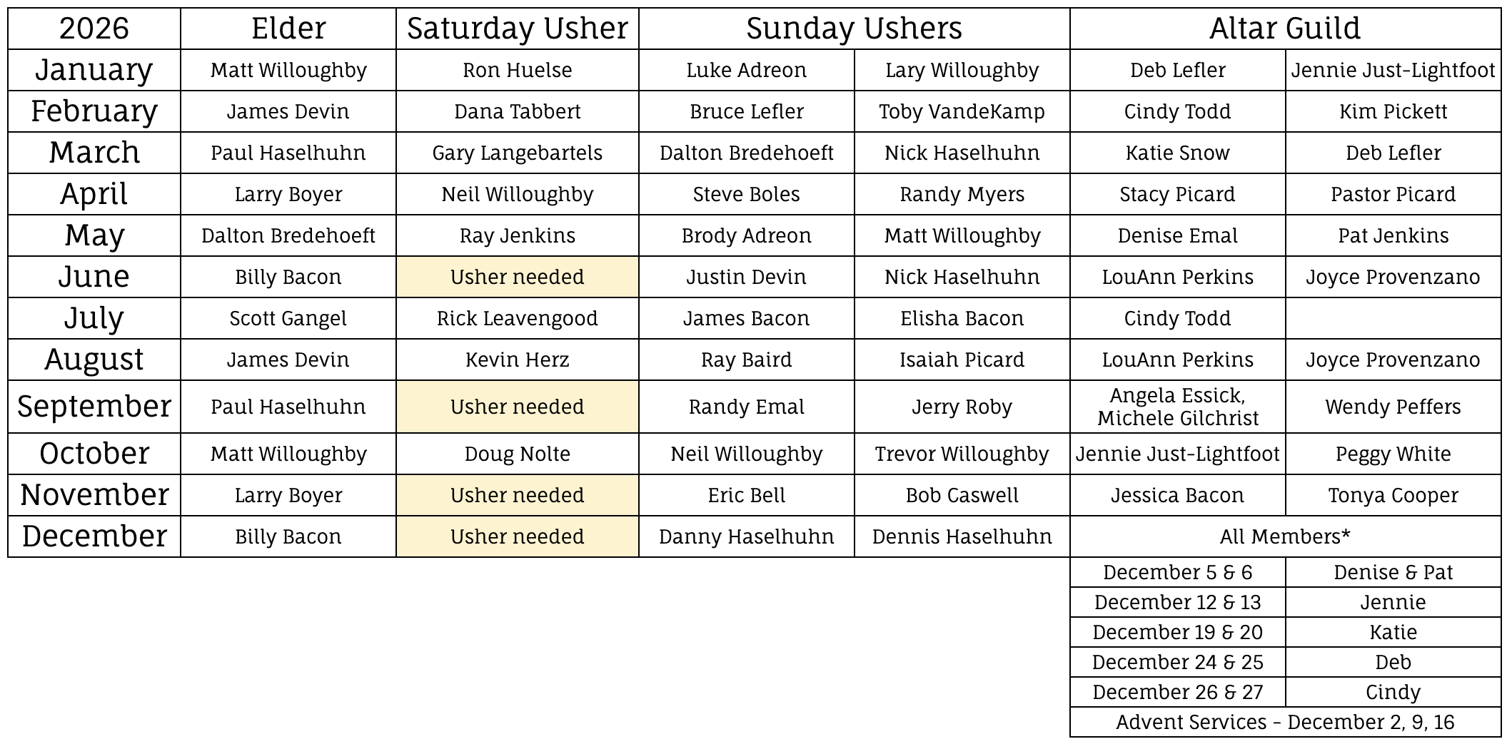 2026 Services Schedule